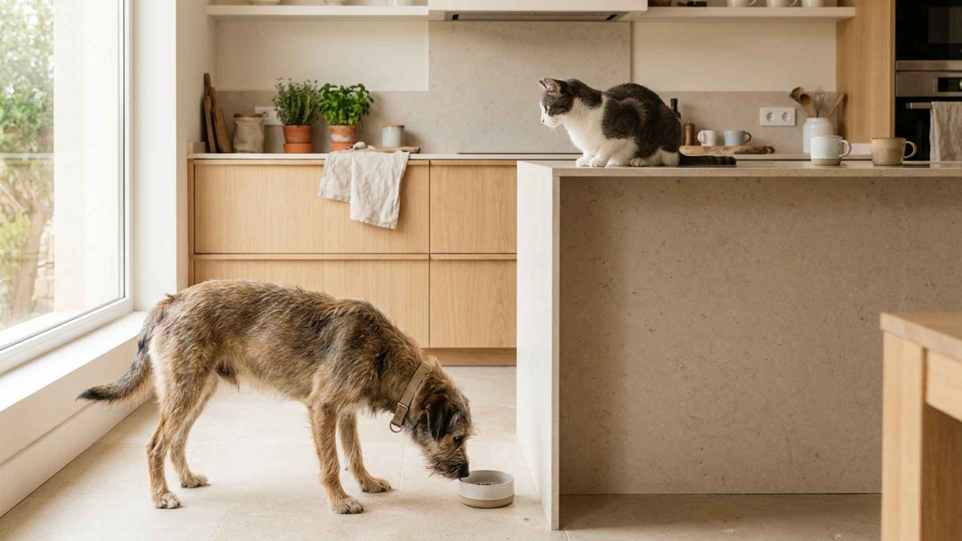 gato mirando a un perro comer